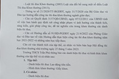 Trường THCS Trần Phú công khai danh sách đề nghị thi đua, khen thưởng đối với tập thể và cá nhân năm học 2022-2023.