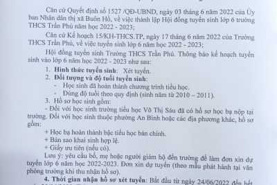Trường THCS Trần Phú Thông báo tuyển sinh lớp 6 năm học 2022-2023