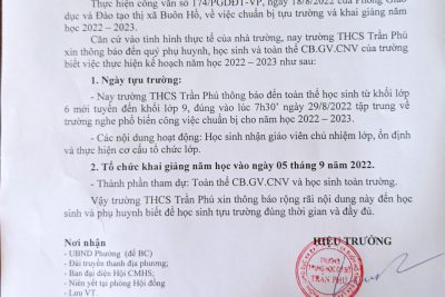 Thông báo về ngày tựu trường và khai giảng năm học 2022-2023 của trường THCS Trần Phú.